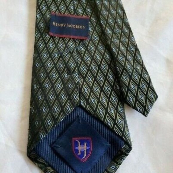 Henry Jacobson Mens Tie Black Blue Diamonds Textured Weave Business Work Necktie - Picture 4 of 6